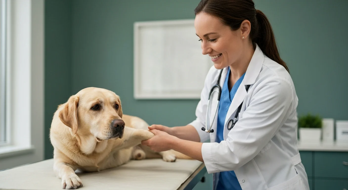 Veterinarian examining both front elbows of a Labrador Retriever for bilateral dysplasia