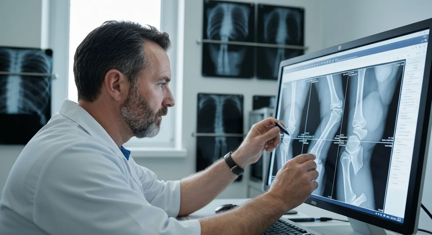 Veterinary radiologist evaluating elbow X-ray images using UK BVA KC scoring criteria