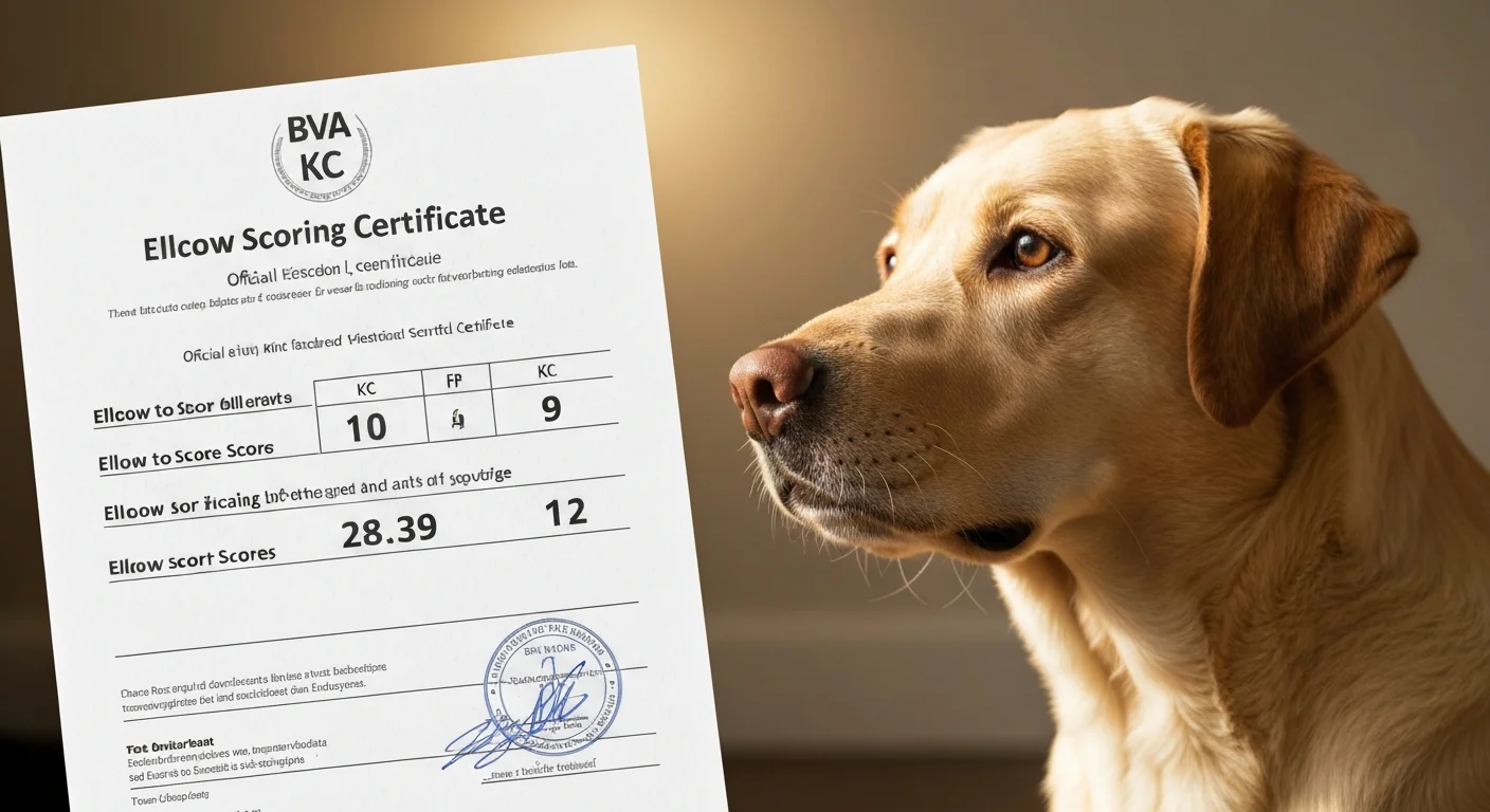 Official BVA KC elbow scoring certificate document with Labrador dog nearby