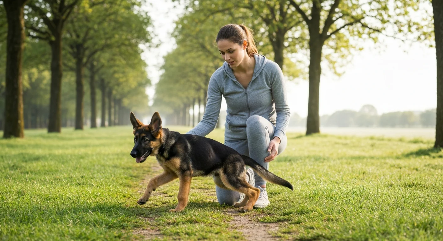 Owner noticing front leg stiffness in young German Shepherd puppy during morning walk