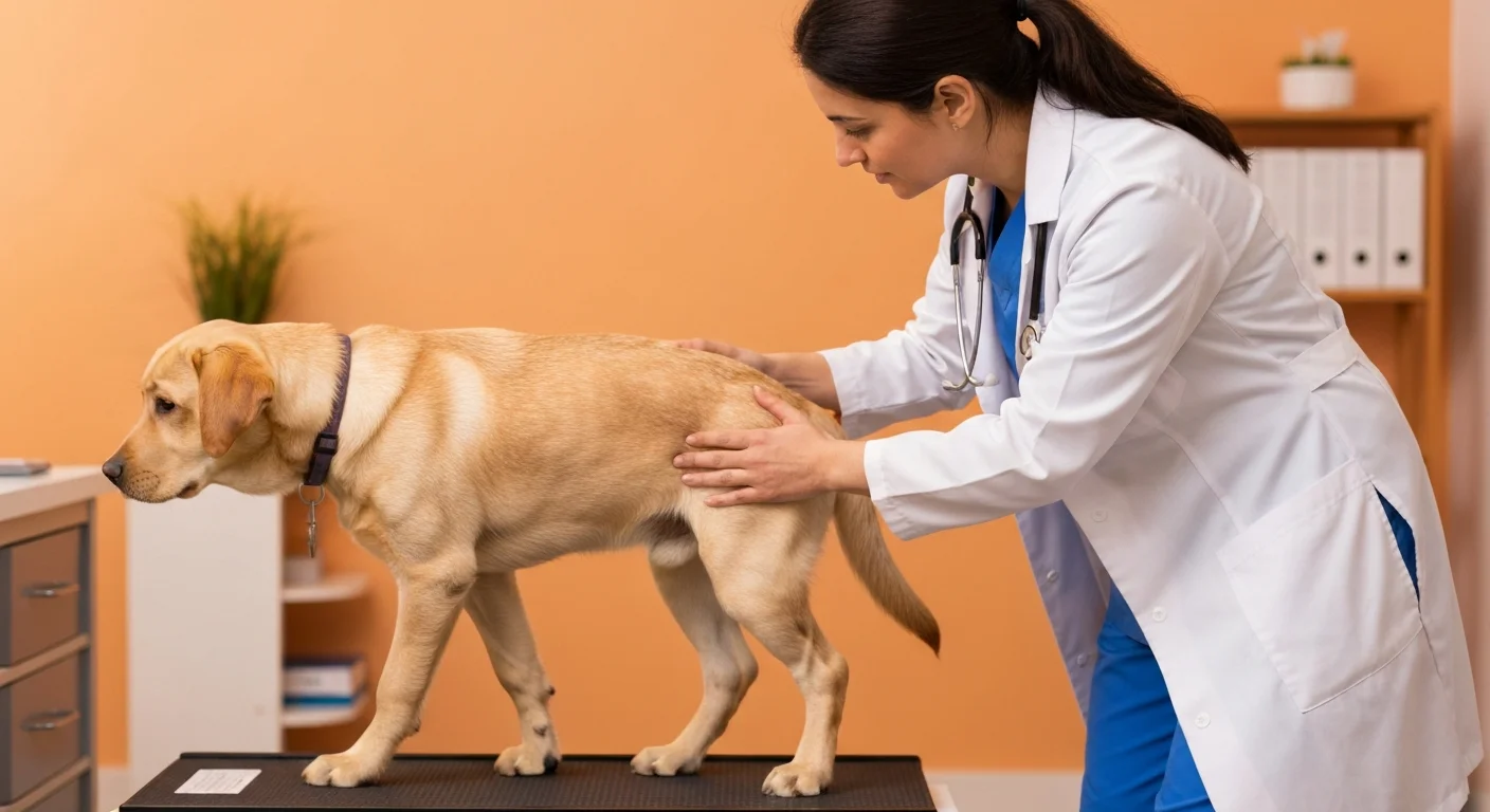 Veterinarian performing gait analysis on young dog showing early elbow dysplasia signs