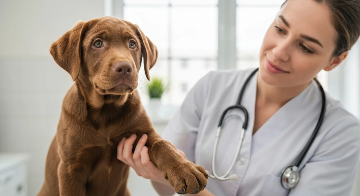 Young Labrador puppy showing subtle forelimb stiffness at veterinary evaluation