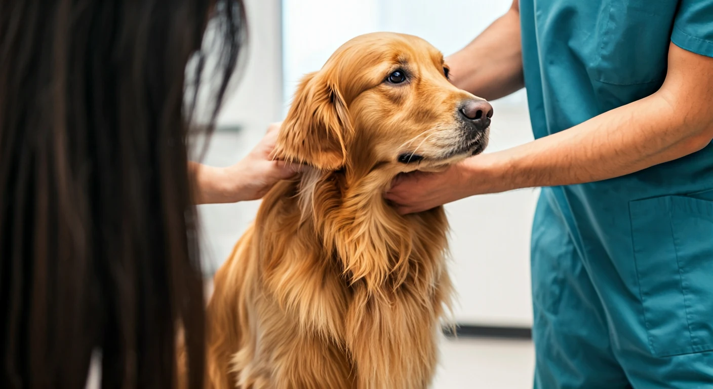 Golden Retriever receiving orthopedic elbow joint examination at veterinary clinic