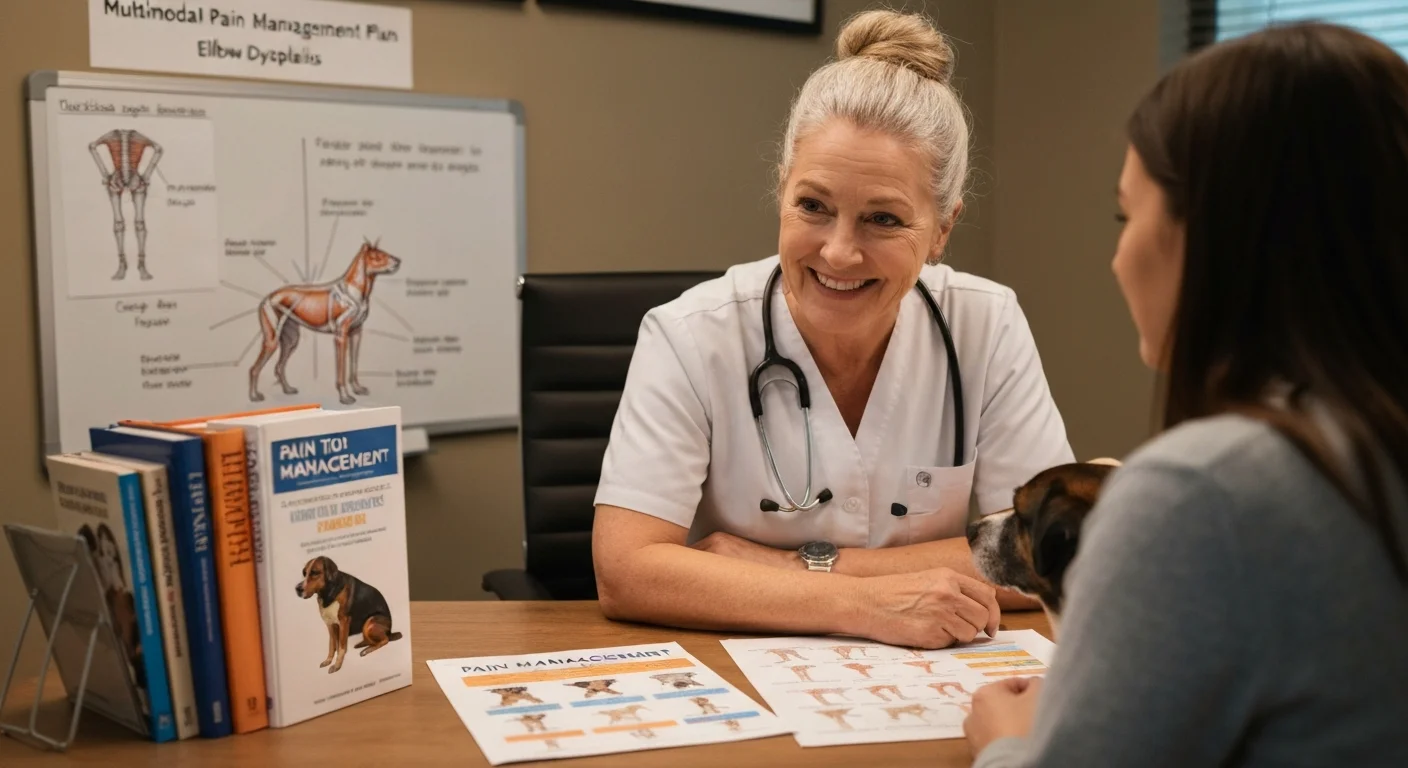 Veterinarian discussing multi-modal pain management plan for dog with elbow dysplasia