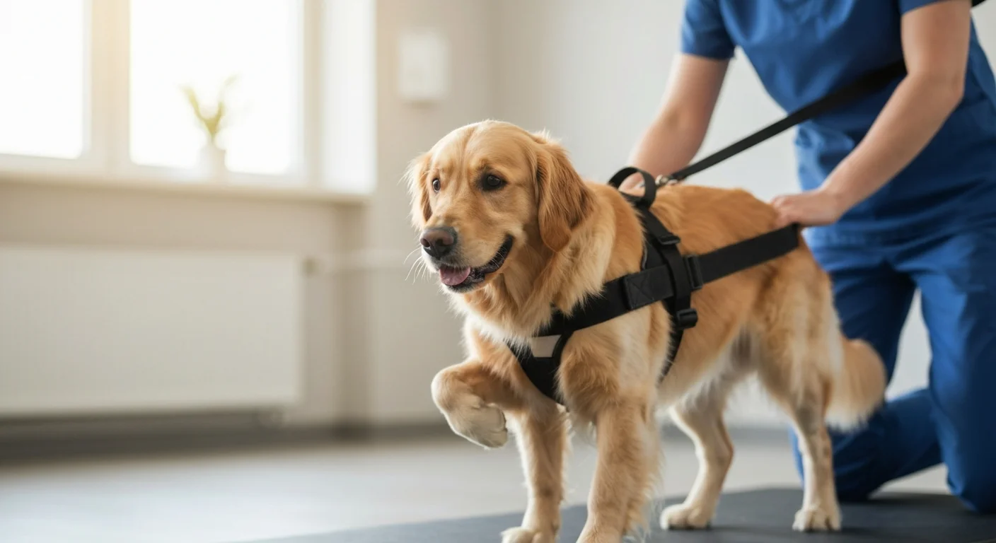 Rehabilitation session with dog performing controlled exercises during post-surgical recovery