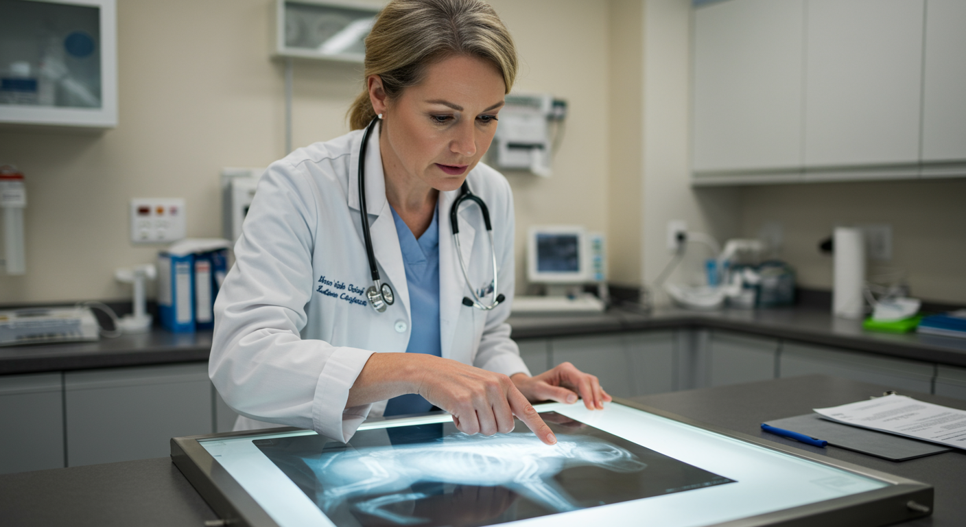 Radiograph of a young labrador retriever puppy elbow on a light box with veterinarian pointing at the image