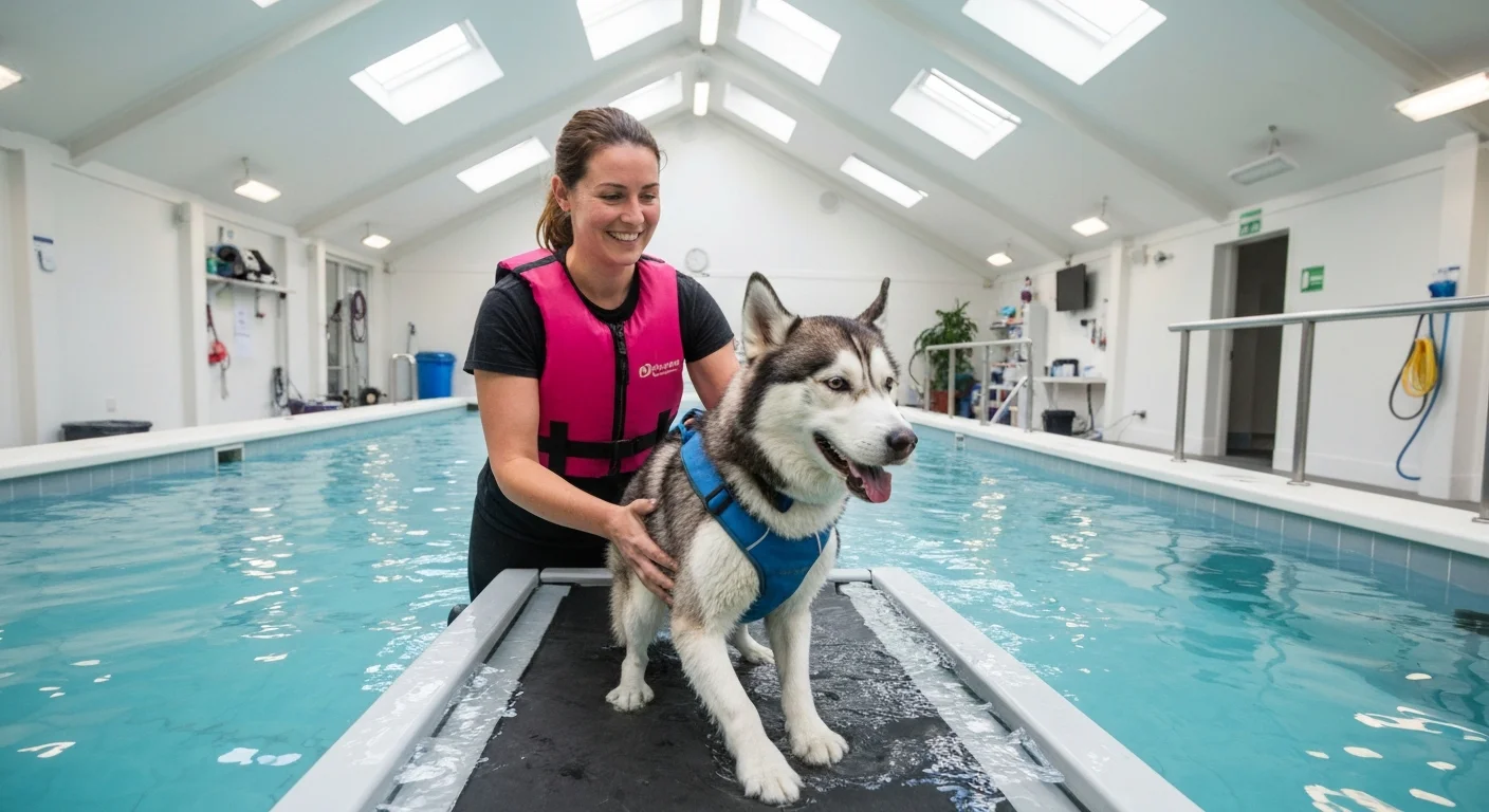 Canine physiotherapist guiding dog through underwater treadmill hydrotherapy session